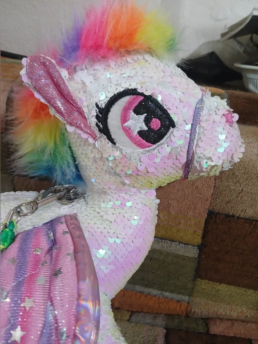 Sequin Rainbow Mane Unicorn Plush Crossbody Bag - White Rainbow